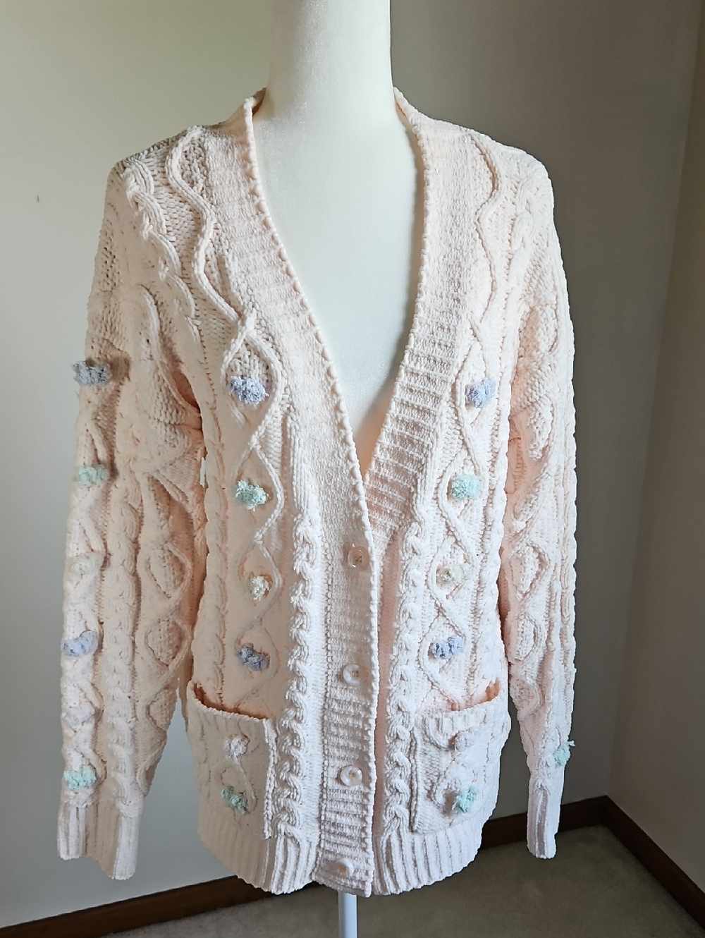 Pol Blush Pink Button Cardigan Cable Knit Chunky 3D Flowers NWOT SZ M Soft Girl